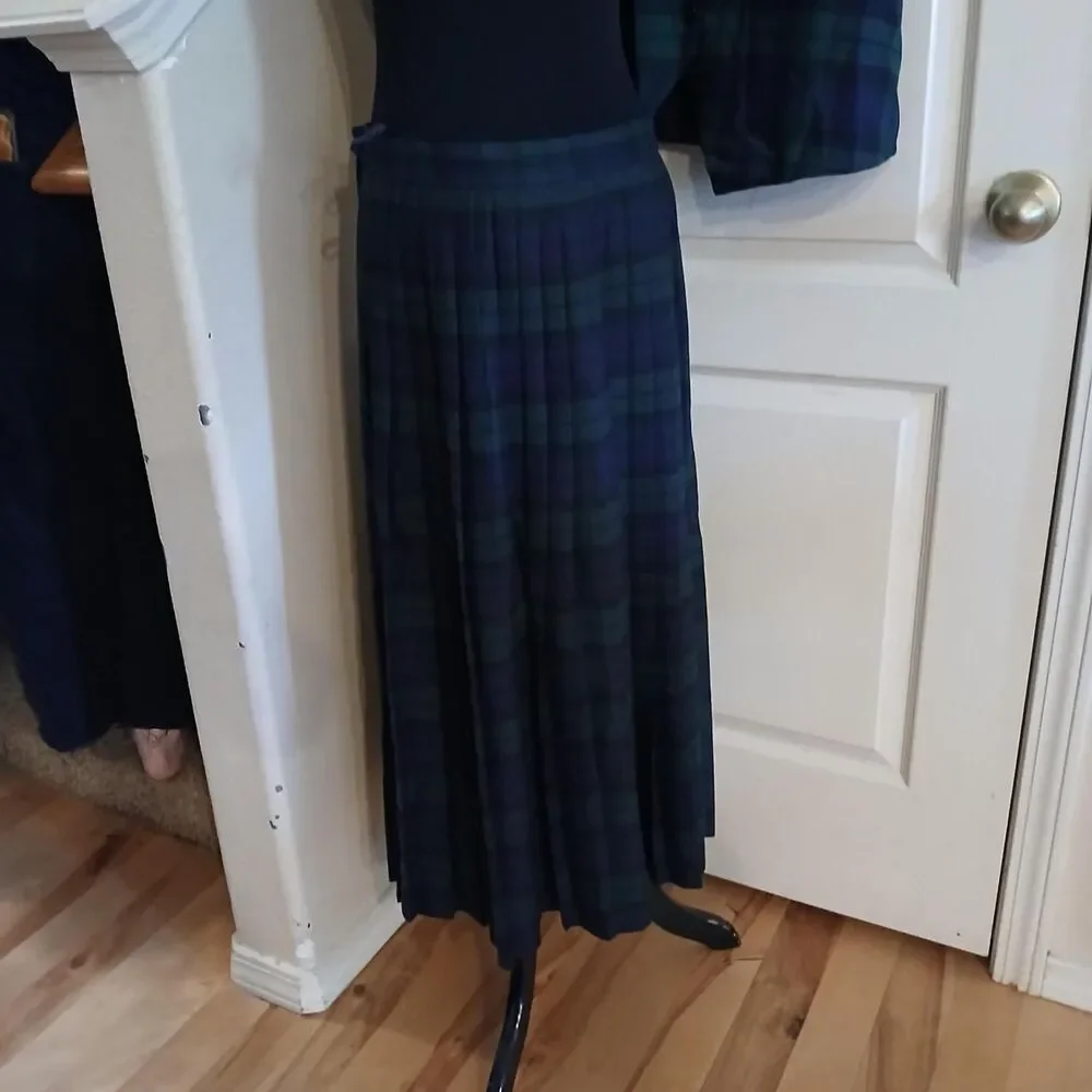 Vintage Navy & Green Tartan Plaid Two-Piece Vest & Midi Skirt Set Size UK 24/16